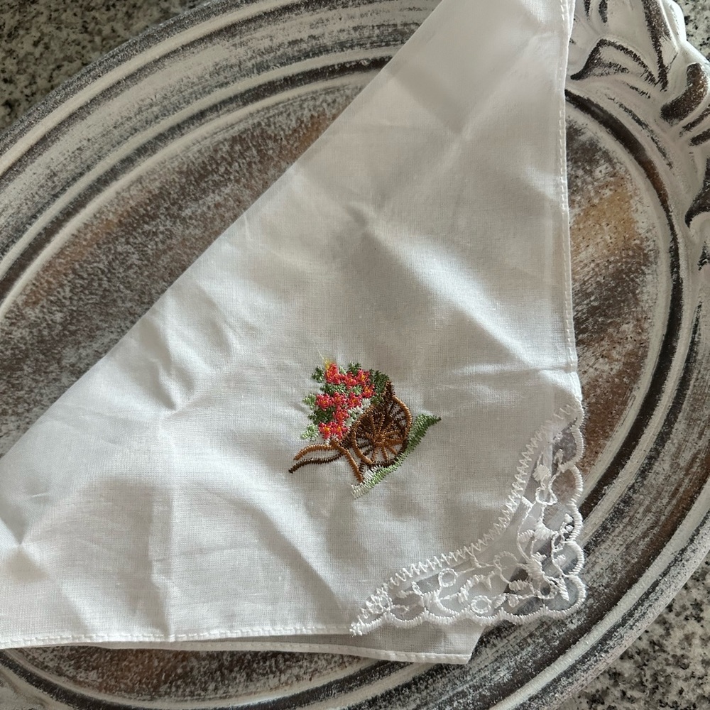Vintage Floral Cottagecore Embroidered Handkerchief Lace Linen Patch Sewing